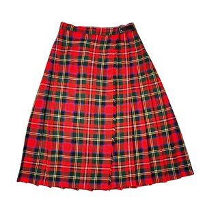 VTG Harrods Wrap Plaid Tartan Pleated Midi Skirt Sz.S Red Wool Blend Scottish